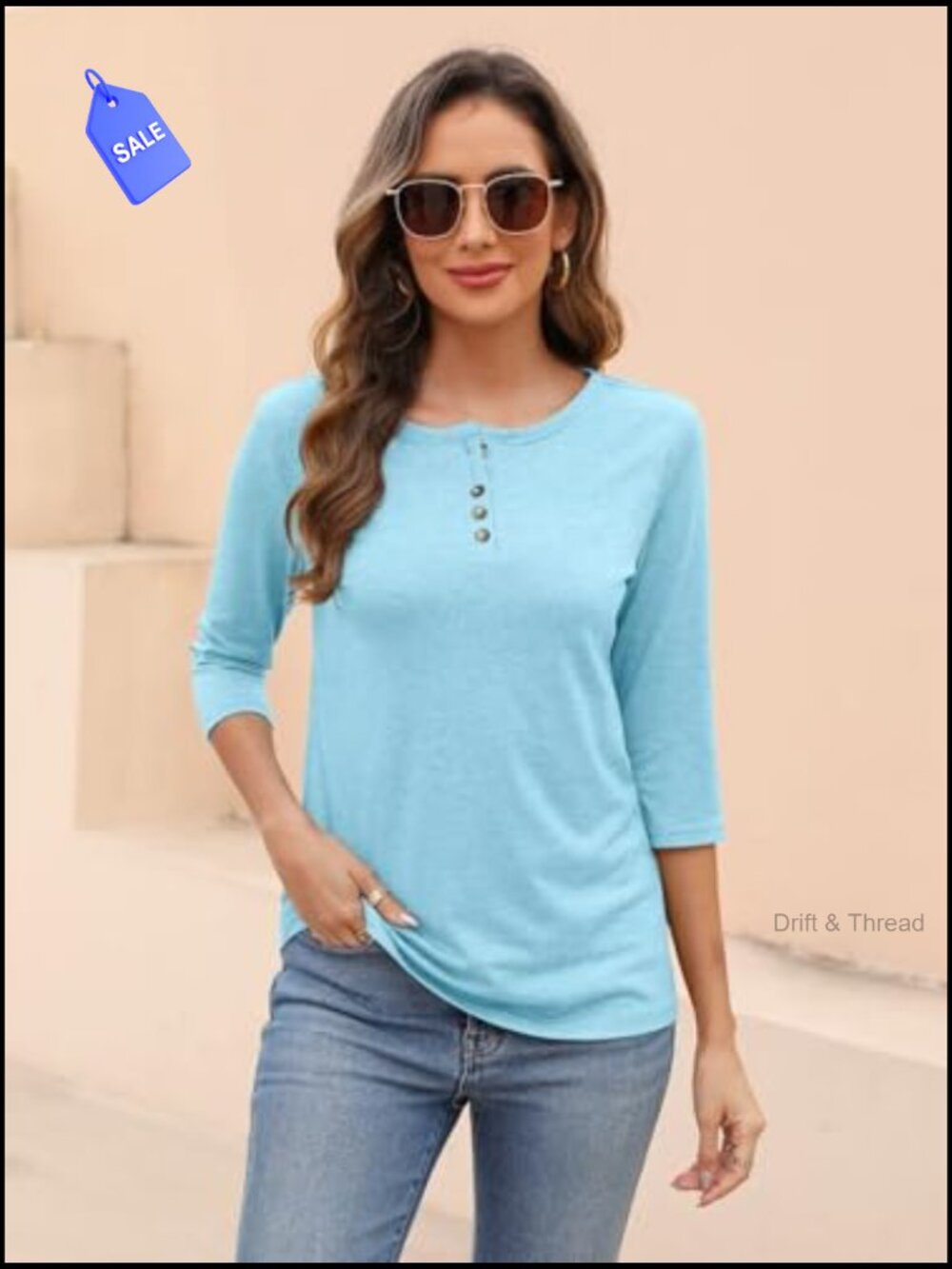 Women's 3/4 Sleeve Crew Neck Tunic Top Button Down Tee Blouse - Picture 2 of 7